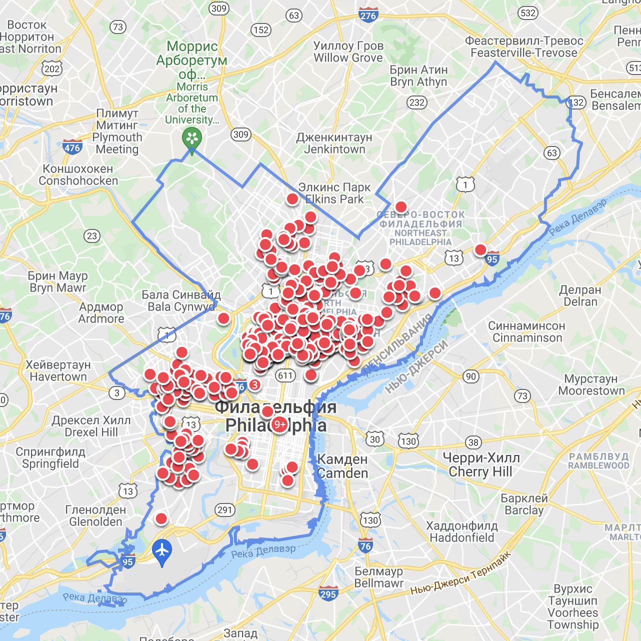 Карта с предложениями жилья в Филадельфии — больше тысячи вариантов. Источник: zillow.com