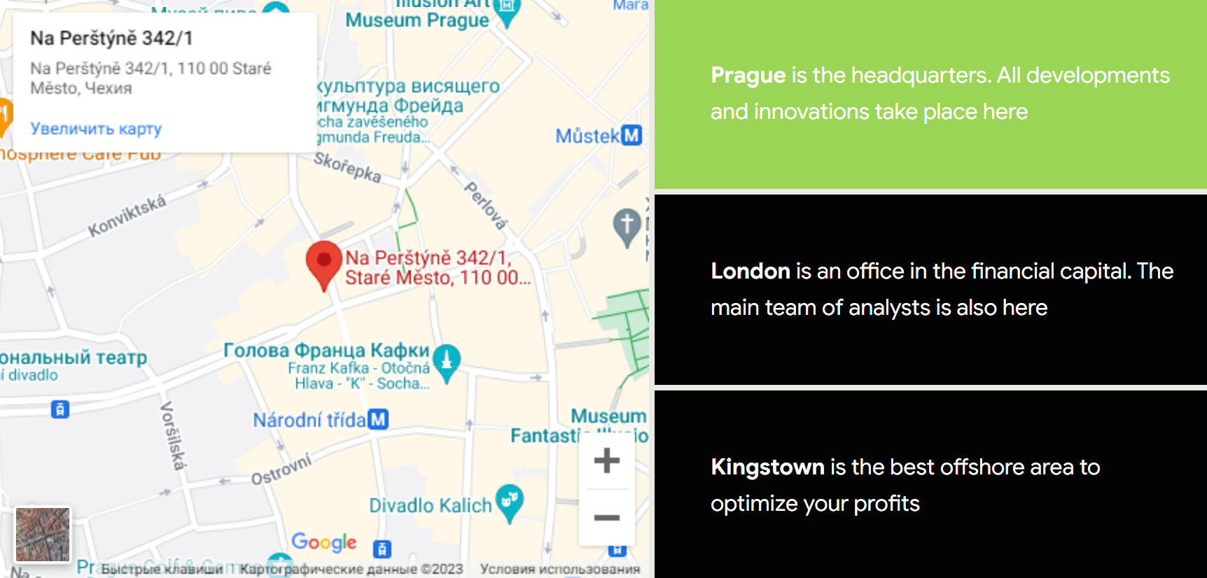 Компания заявляет, что у нее три офиса: в Праге, Лондоне и Кингстауне. Конкретные адреса не указаны, поэтому проверить их у меня не получилось