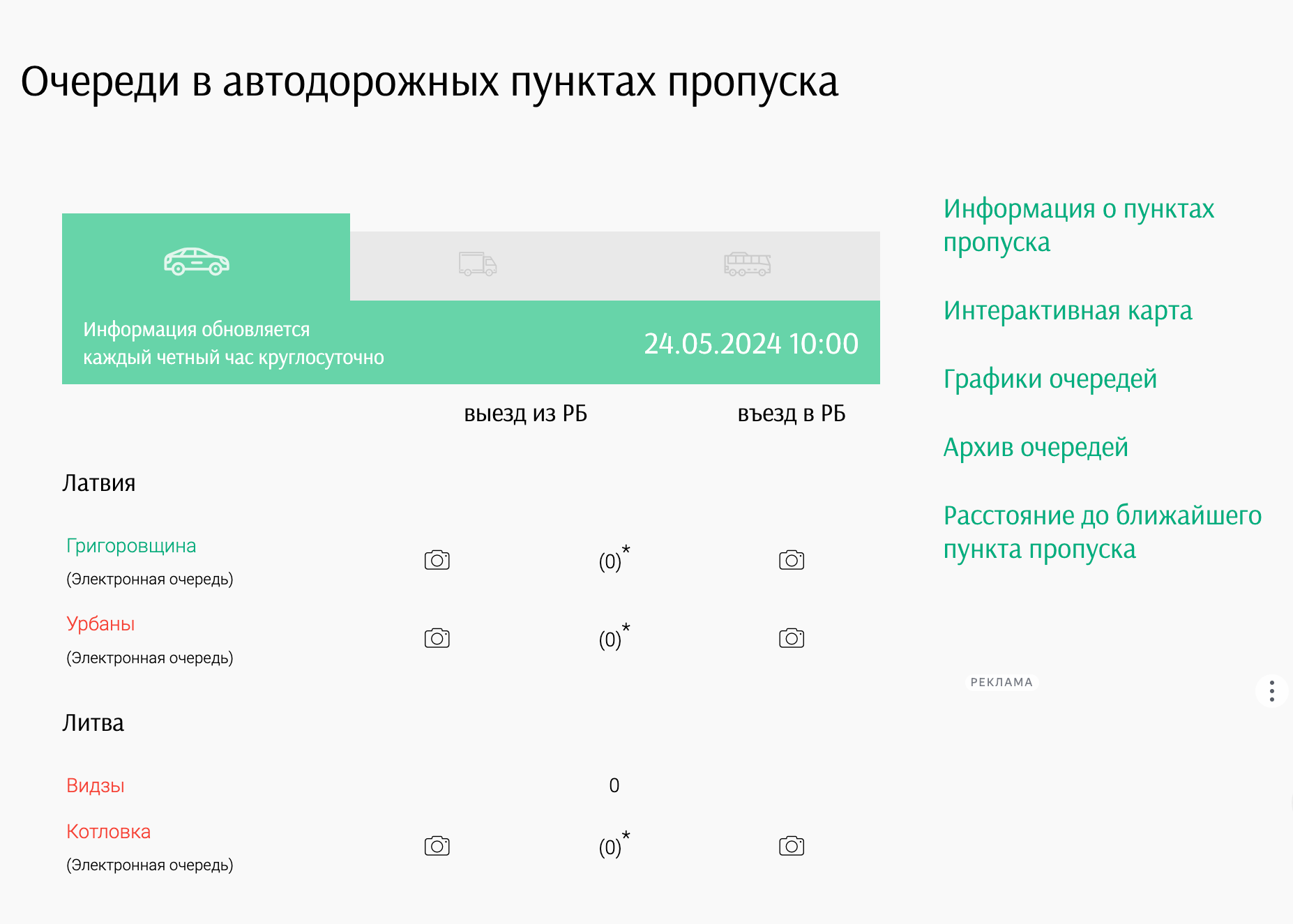 Информацию об автомобильных очередях ПГС Беларуси обновляет каждые два часа