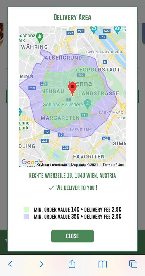 Зона доставки — центр Вены. По центру доставляем заказы от 14 €, на большей территории — заказы от 35 €. Стоимость доставки 2,5 €