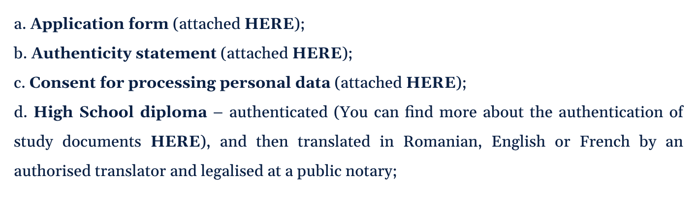 Университет Бухареста просит загрузить правильно оформленные копии ваших образовательных документов. Источник: unibuc.ro