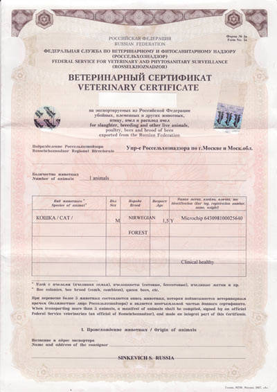 Международный сертификат формы 5А