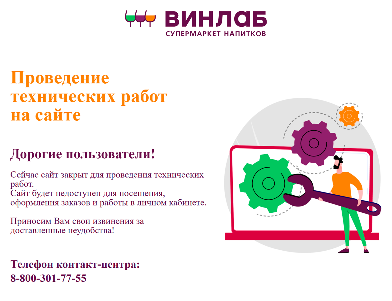 Заглушка на сайте «Винлаба»