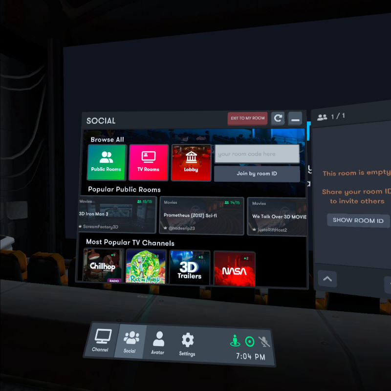 Так выглядит экран выбора комнат в Bigscreen VR. Кроме пользовательских залов предлагают, например, подключиться к общему лобби или трансляциям NASA