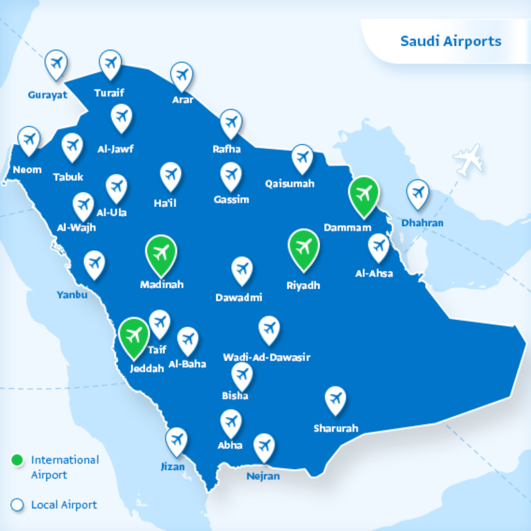 Все аэропорты Саудовской Аравии — зеленым отмечены международные
