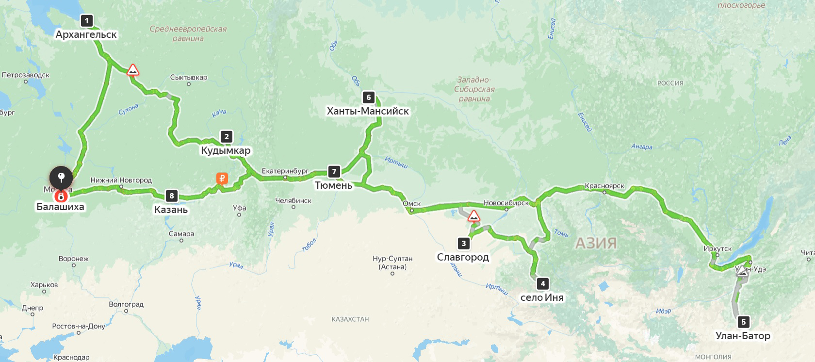 Маршрут летнего путешествия 2022 года проходил через половину страны и был длиннее межсервисного пробега в 15 000 км. Источник: «Яндекс-карты»