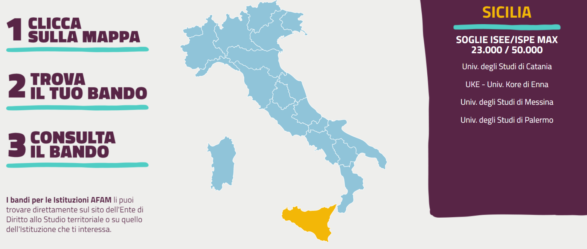 Карта регионов Италии с указанием стипендиальных организаций DSU и условий получения стипендии