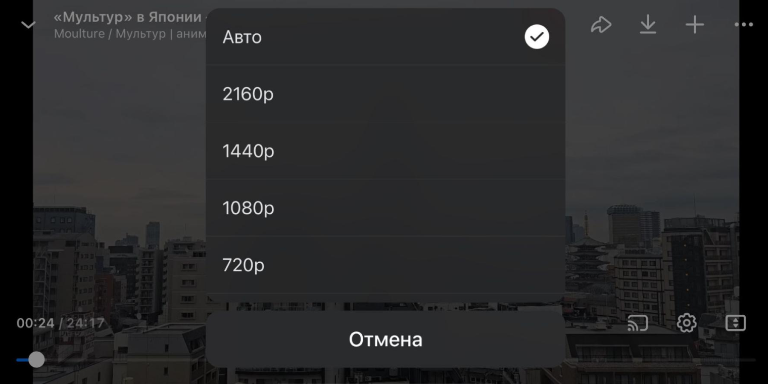 Меню выбора качества видео в мобильной версии «VK Видео»