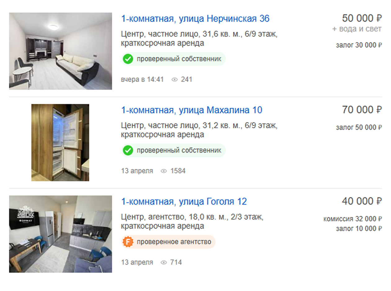 Поискала на «Фарпосте» однушки в центре. Цены актуальны на апрель 2025 года. Источник: farpost.ru