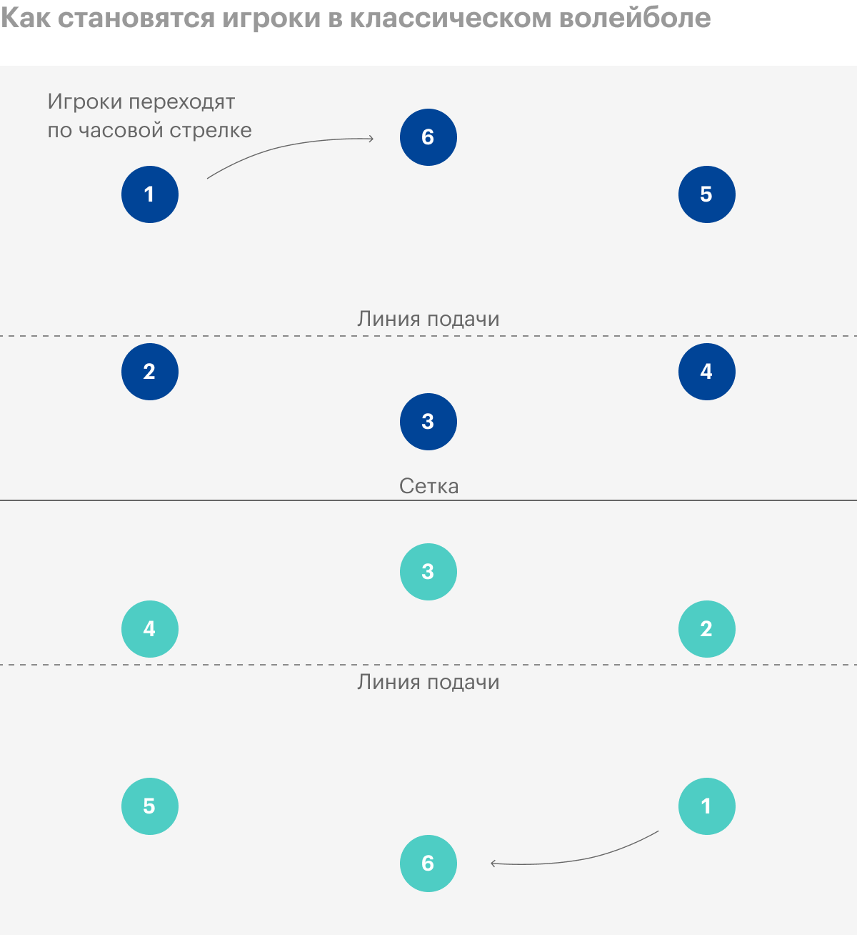 Игроки 2, 3 и 4 — передняя линия, 1, 6 и 5 — задняя. Подает мяч игрок 1. Он может сделать это из любого места за линией подачи. Источник: wikipedia.org