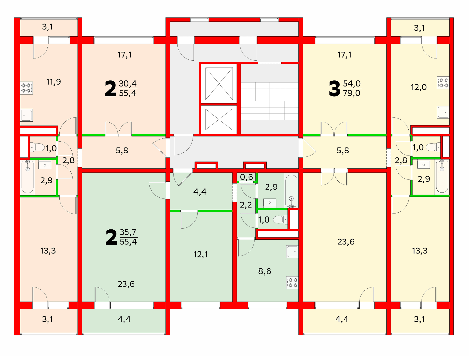 Схема несущих стен в доме П-46. Красным выделены несущие стены, зеленым — ненесущие перегородки. Квартира автора выделена розовым. © domclick.ru