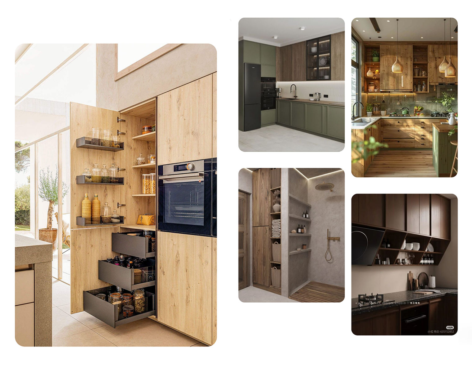 Компоновку пенала на кухне тоже можно подсмотреть на «Пинтересте». Лучше всего, когда внизу ящики, а сверху — выкатные полки. Не увлекайтесь навешиванием полок на фасад, он быстро провиснет от тяжести. Источник: pinterest.com