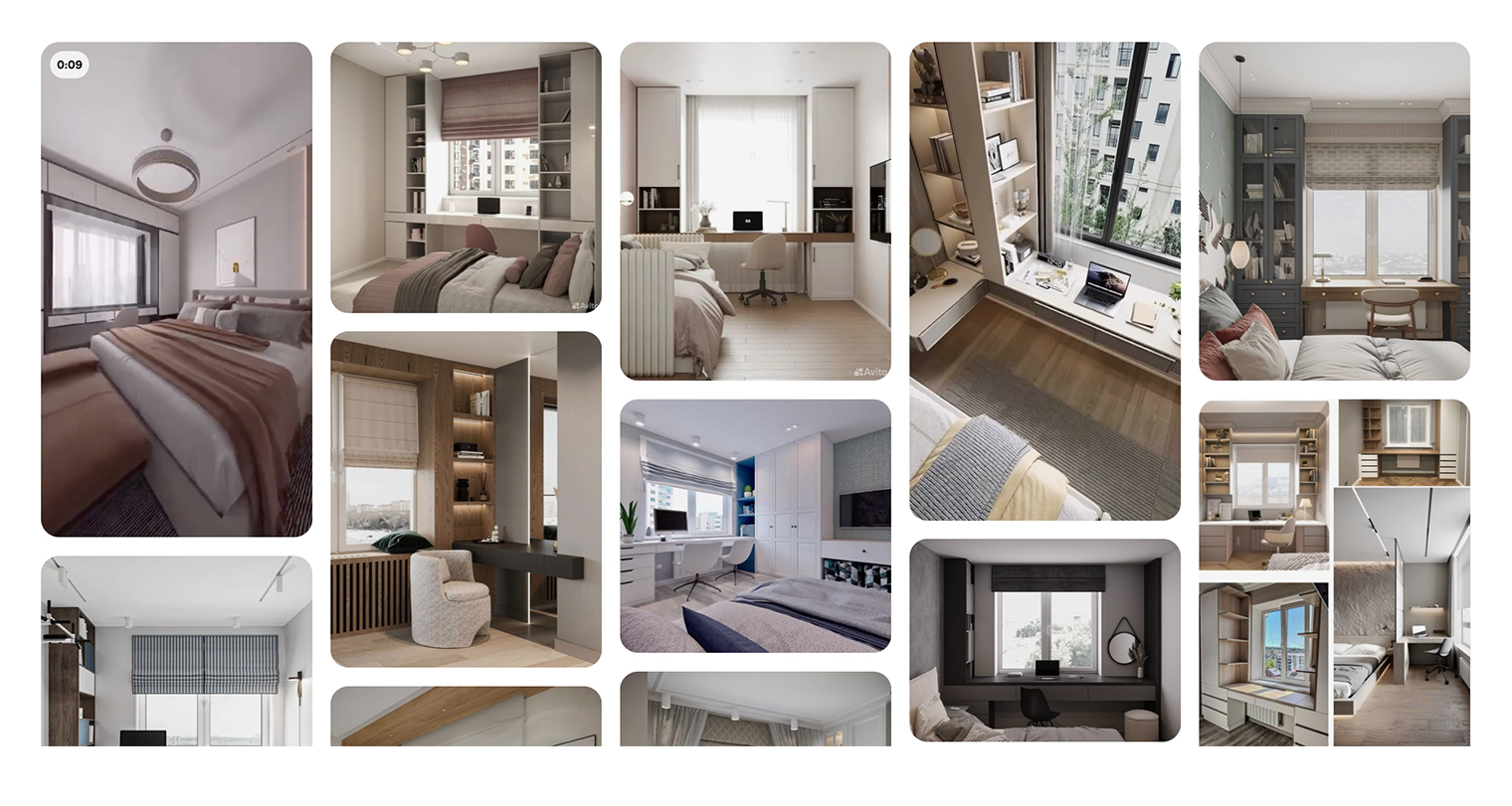 Варианты оформления рабочей зоны у окна. По бокам от стола можно разместить стеллажи или закрытые шкафы — поставить их вдоль окна или сбоку к стене. Источник: pinterest.com