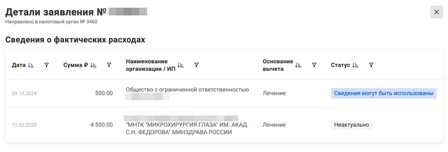 Если нажать на кнопку «Перейти к заявлению», можно увидеть, какие медицинские организации передали данные и какую сумму лечения указали