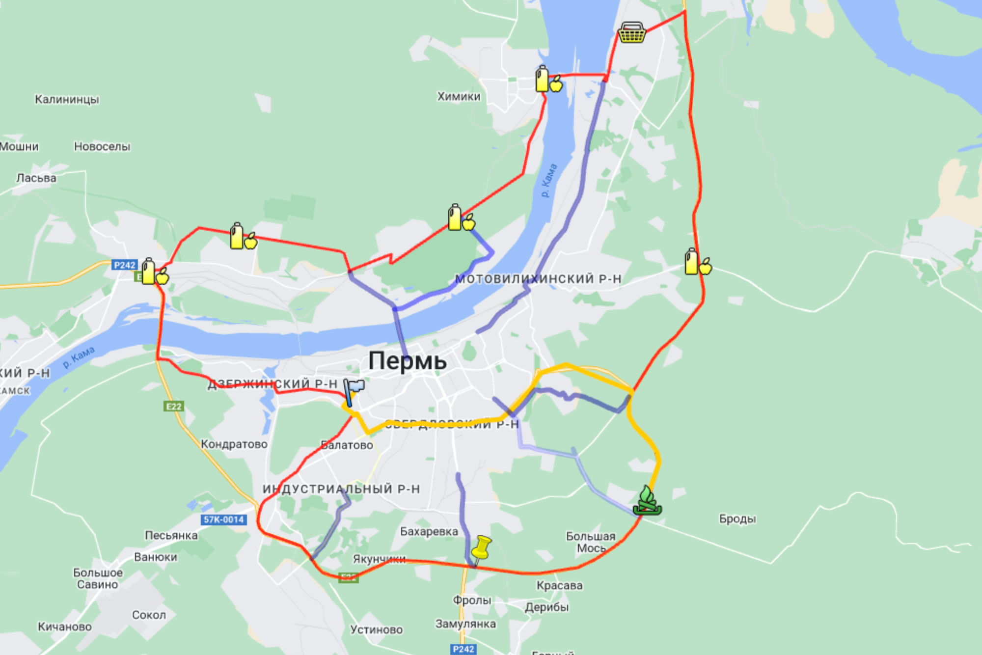 Карта заезда «Пермское кольцо — 2010». По этому маршруту я проехал 100 км за день с остановками в отмеченных местах