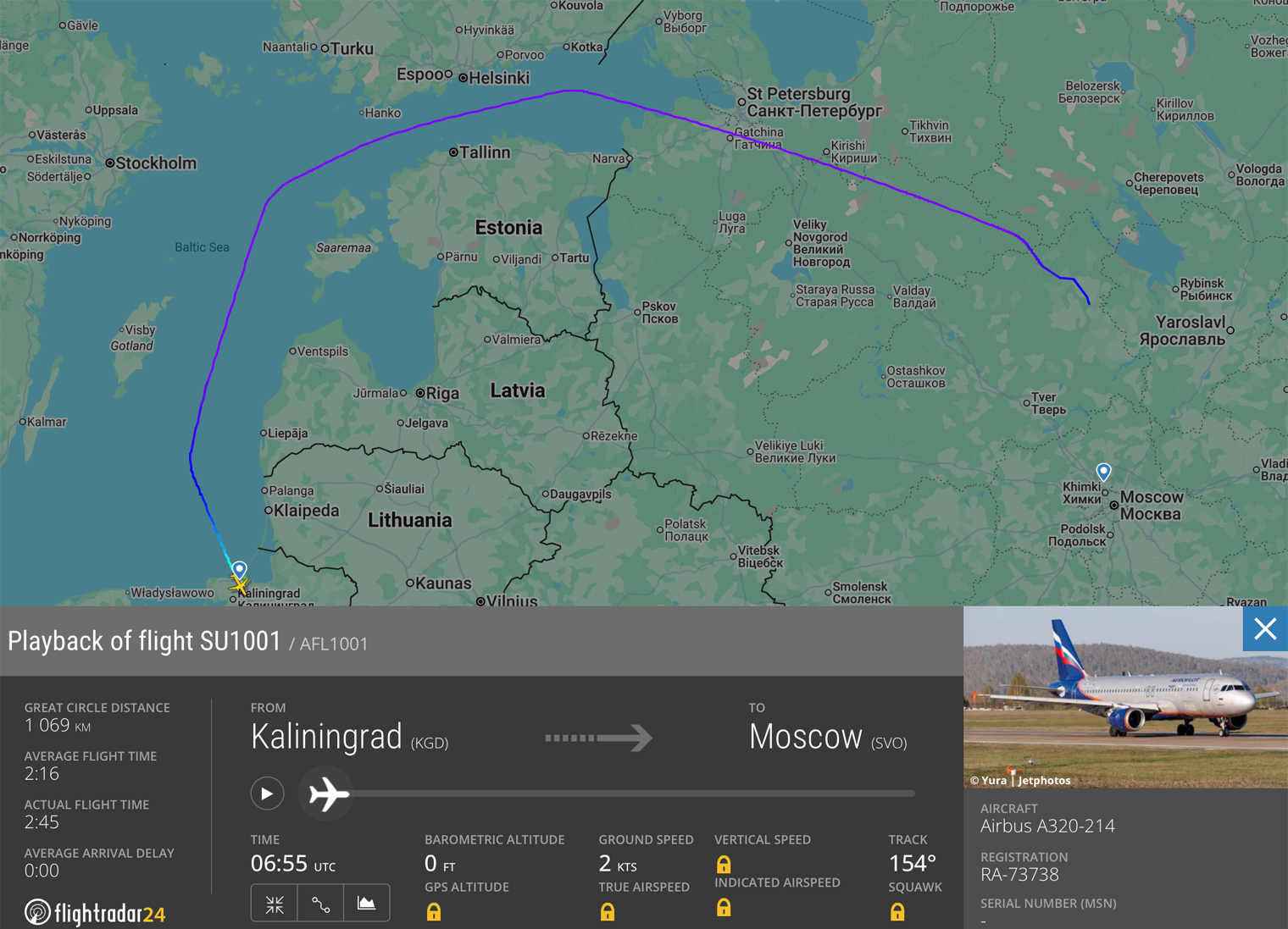 Так выглядит маршрут самолета Калининград — Москва. © flightradar24.com