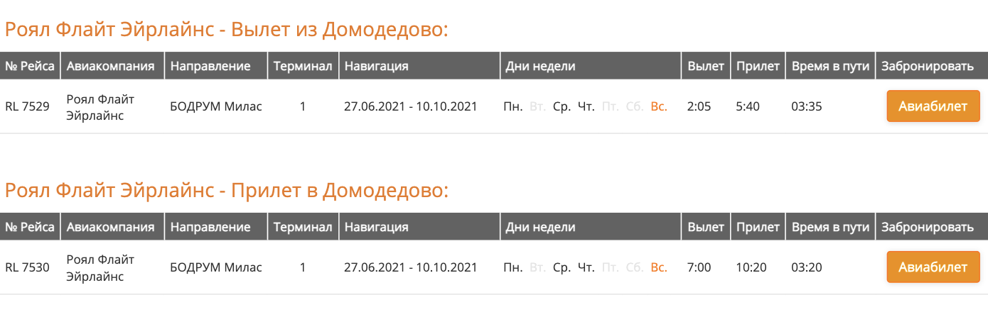 В расписании аэропорта Домодедово заявлены рейсы Royal Flight в Бодрум