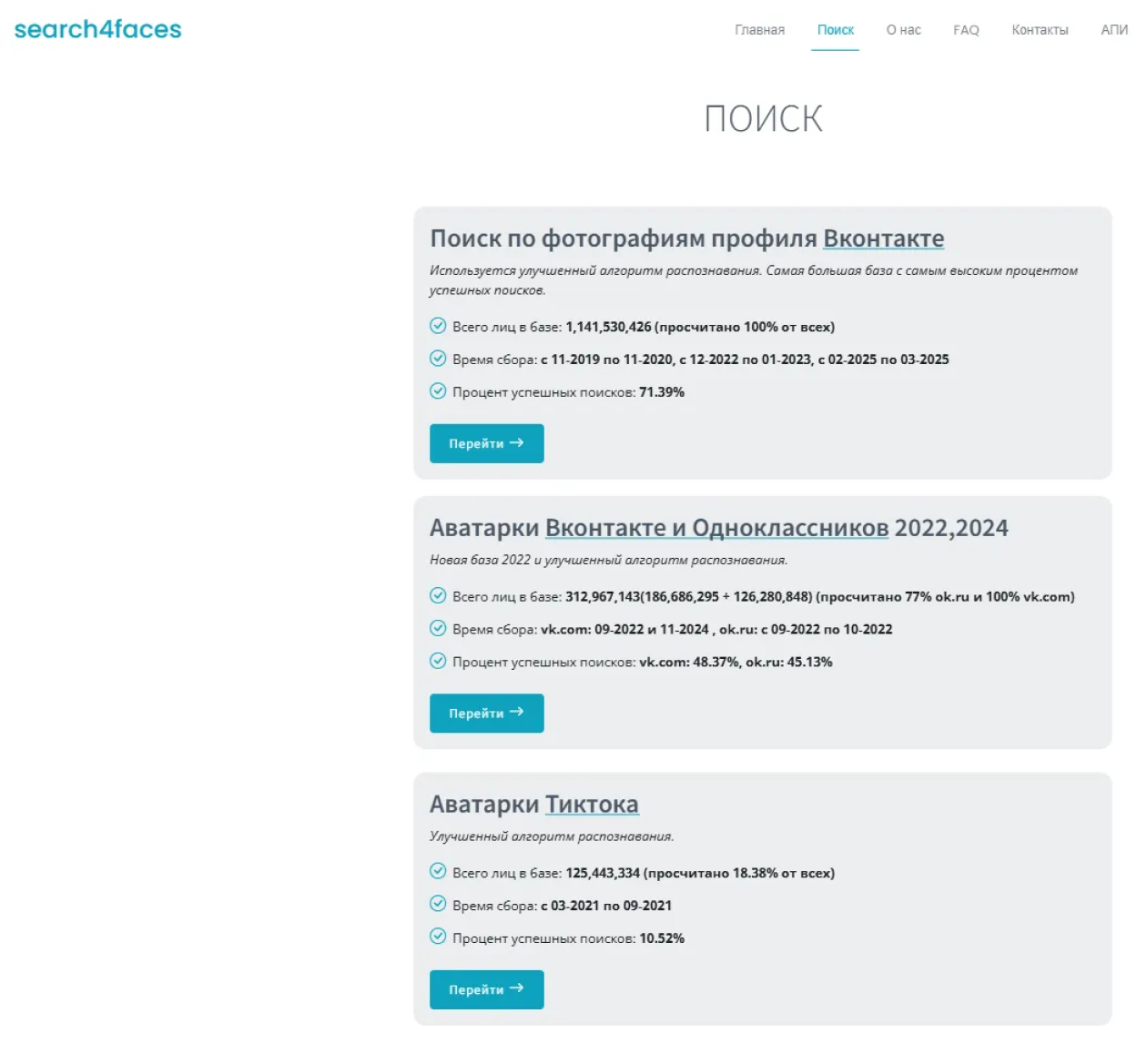 Сервис Search4faces ищет изображения раздельно на различных ресурсах
