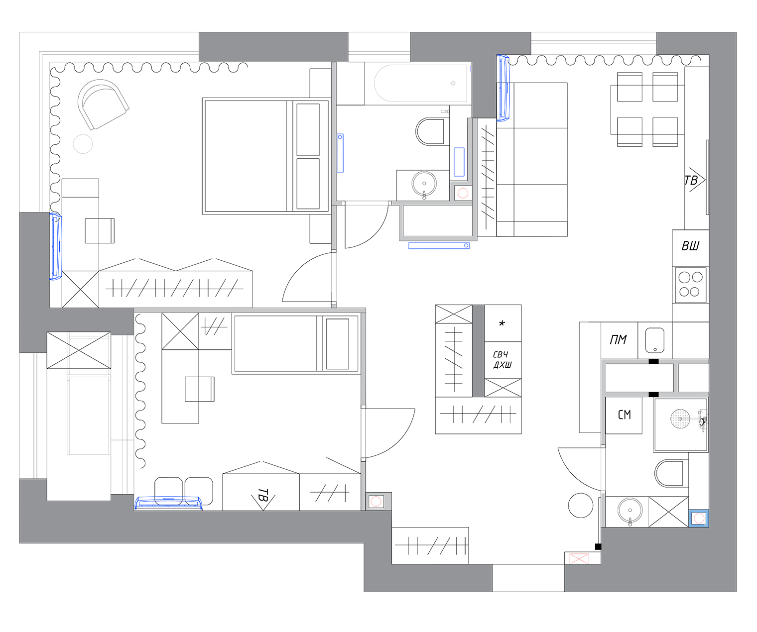 В квартире достаточно мест хранения, два санузла и много свободного пространства