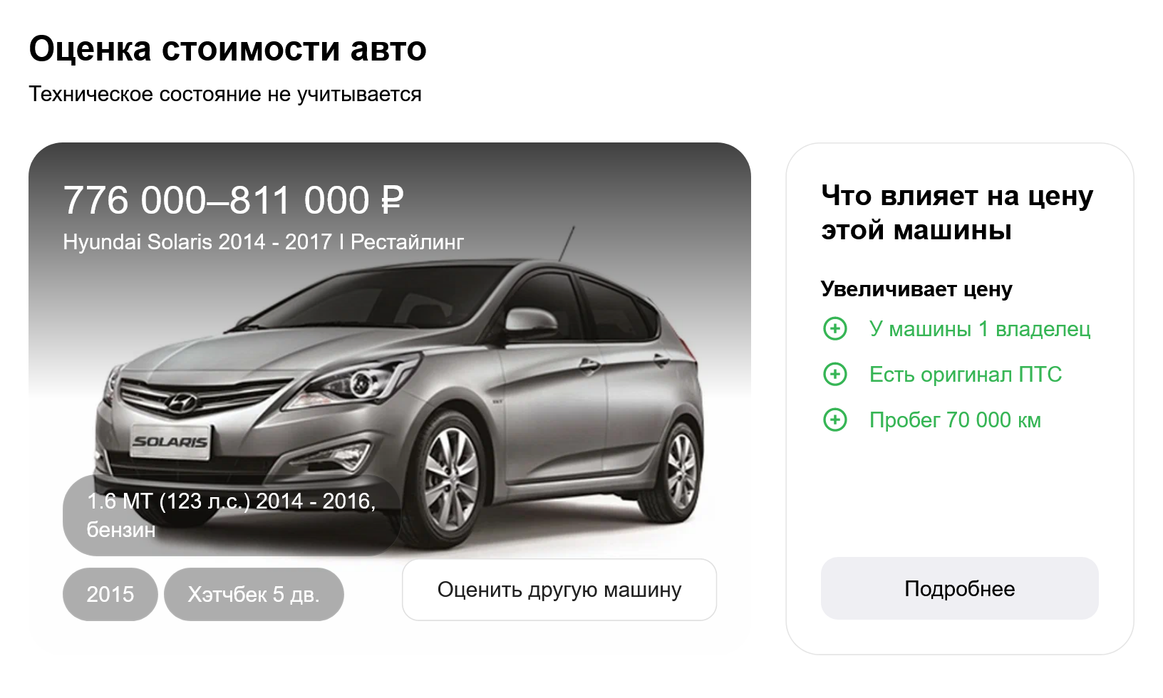 Расчет рыночной стоимости на примере автомобиля Хендай Солярис, первый рестайлинг. Источник: auto.ru