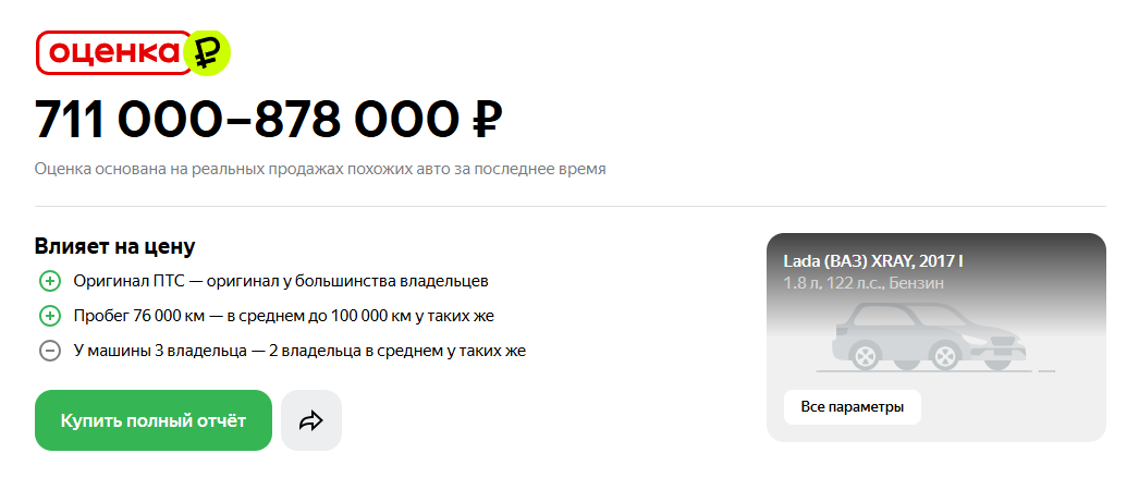Расчет рыночной стоимости на примере автомобиля Lada XRAY 2017 года c пробегом 90 000 км. Источник: auto.ru
