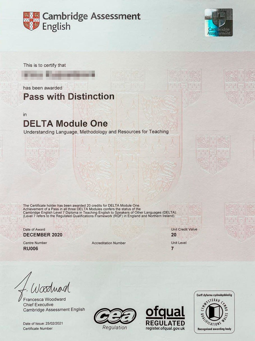 Сертификат Delta для английского языка: преподаватель понимает язык, освоил методологию, знает ресурсы для преподавания. Это первый модуль, есть еще два