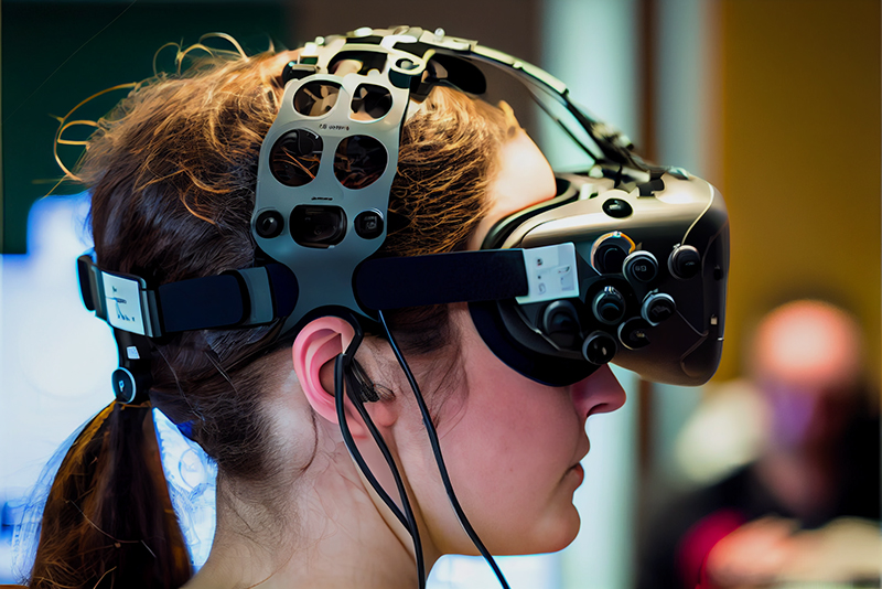Девушка использует неинвазивный НКИ вместе с VR⁠-⁠шлемом для управления станком на работе