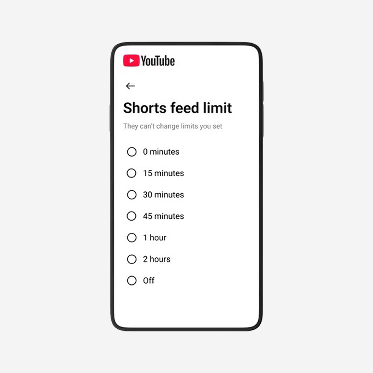 Настройка лимитов для просмотра Shorts — от 0 минут до 2 часов. © YouTube