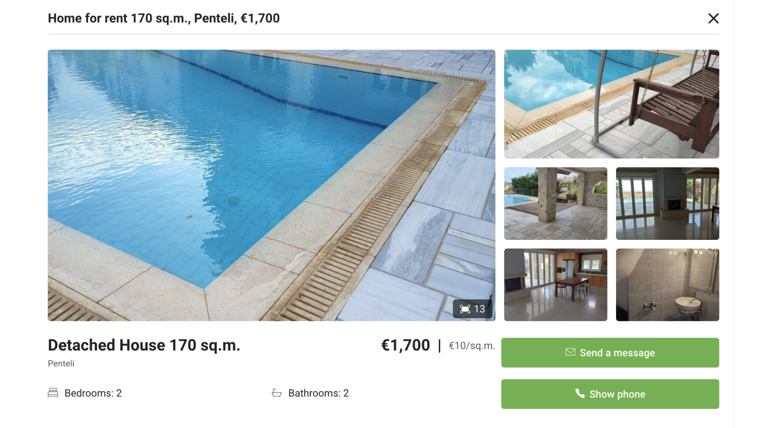Дом 170 м² с бассейном и двумя спальнями и ванными за 1700 € в месяц в отдаленном, но красивом районе Северных Афин. Источник: xe.gr