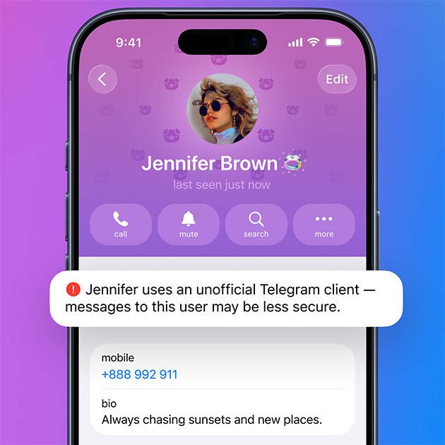 «Дженнифер использует неофициальный клиент „Телеграма“ — сообщения для этого пользователя могут быть меньше защищены»