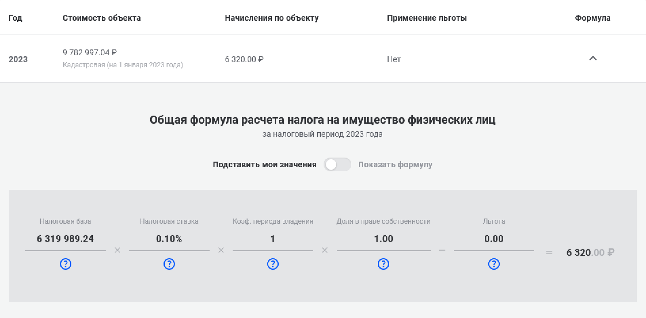 В личном кабинете видно, что кадастровая стоимость квартиры — почти 10 млн рублей, а налоговая база в 2023 году — 6,3 млн рублей. В подсказке говорится, что это из⁠-⁠за налогового вычета: площадь уменьшили на 20 м²