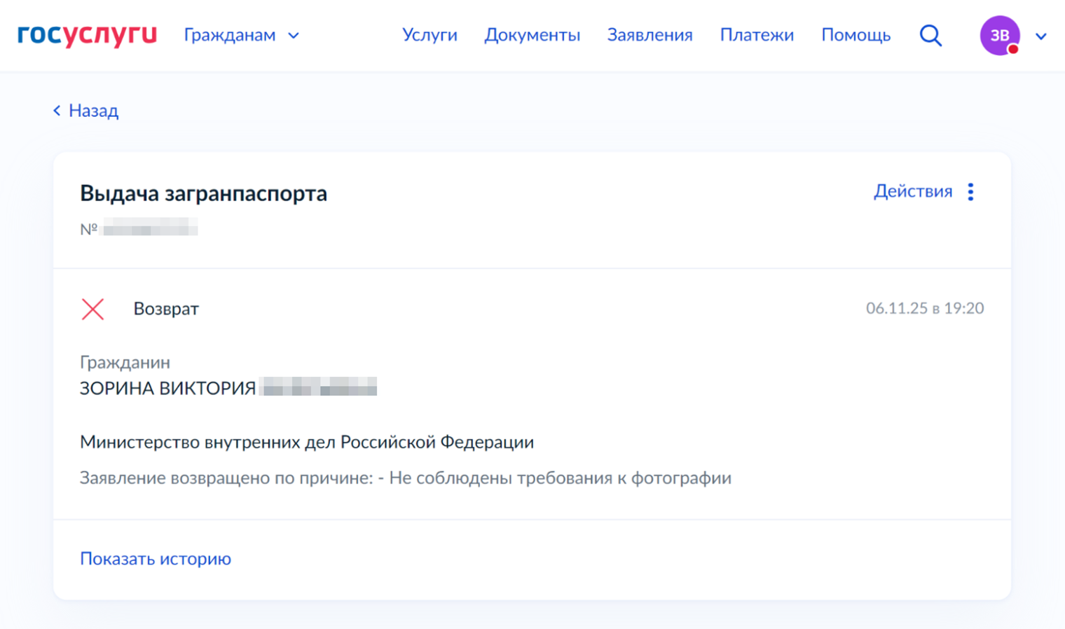 В карточке заявления на госуслугах виден текущий статус. Если заявление вернули, там же укажут причину — например, фотография не соответствует требованиям. © gosuslugi.ru