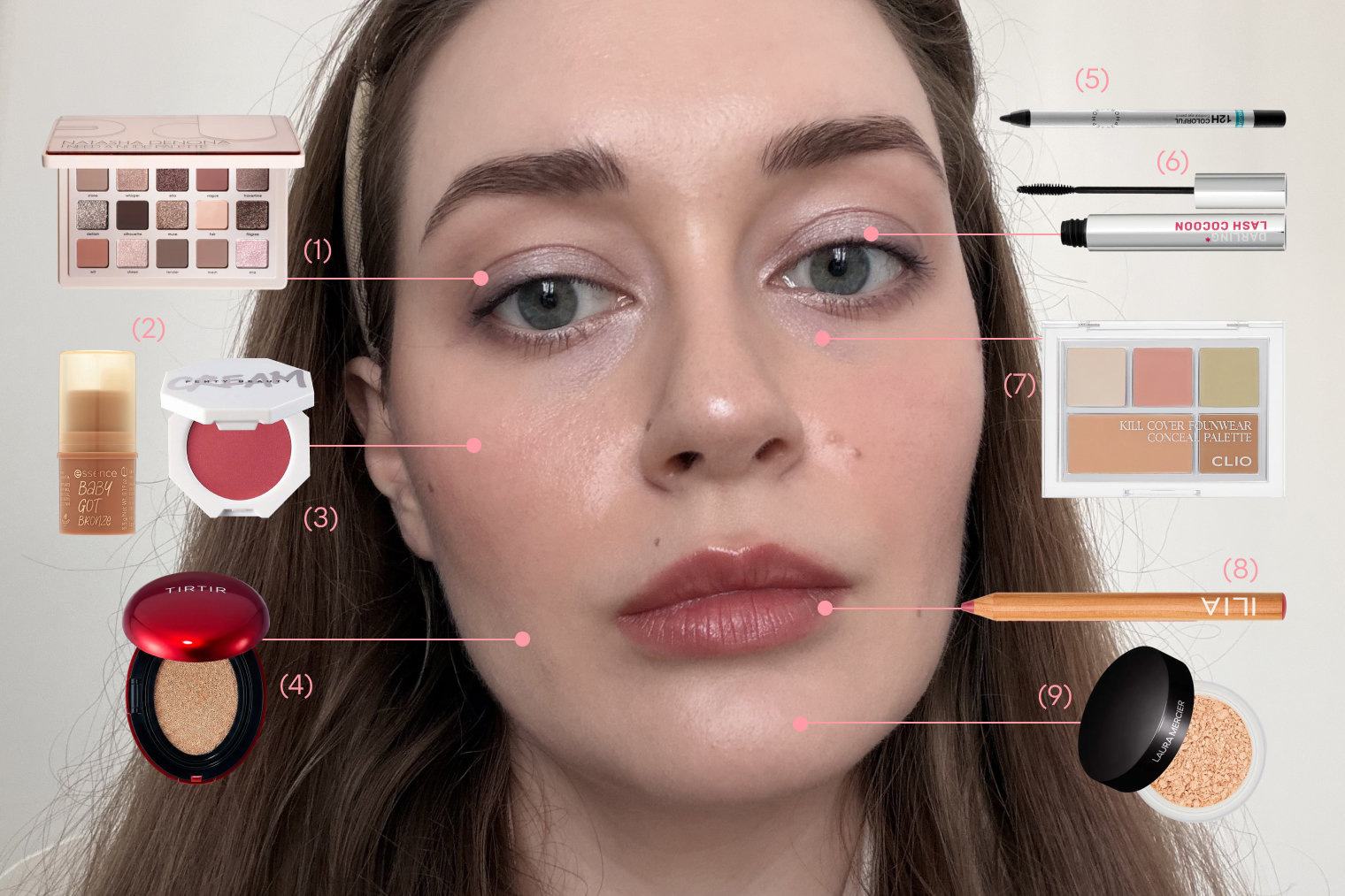 Что я использовала: 1 — палетка Natasha Denona, 11 030 ₽, 2 — бронзер Essence, 355 ₽, 3 — румяна Fenty Beauty, 5 607 ₽, 4 — кушон Tirtir, 2 146 ₽, 5 — карандаш для глаз Sephora Collection, 2 161 ₽, 6 — тушь Darling*, 1 210 ₽, 7 — палетка консилеров Clio, 1 568 ₽, 8 — помада-карандаш Ilia, 3 910 ₽, 9 — пудра Laura Mercier, 6 220 ₽