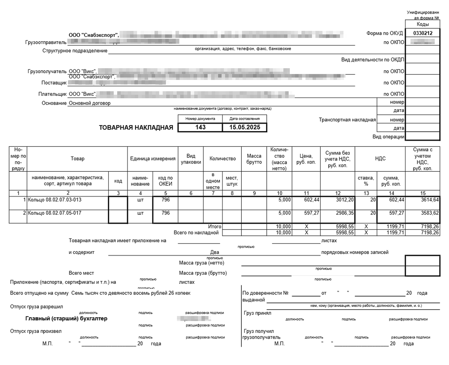 Так выглядит накладная на отгрузку товаров по форме ТОРГ-12