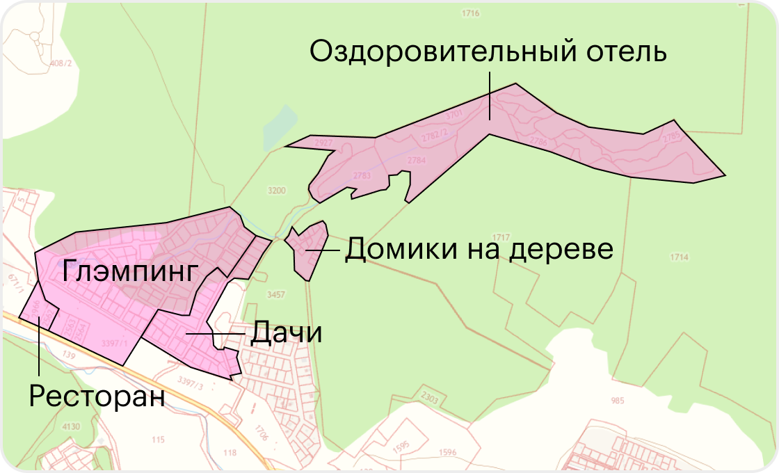 Розовым выделена наша территория — ближе к дороге находятся ресторан, глэмпинг, дачи. Земля под оздоровительный отель — в глубине леса