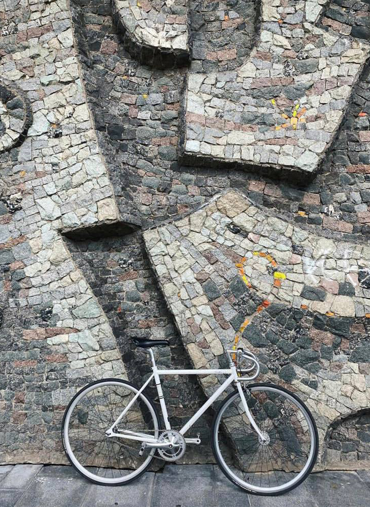 У меня тоже был велосипед Single speed, пока я по глупости не продала его, о чем теперь жалею. Фотография на фоне мозаичной стены на площади Юности. Фото: Ольга Тройникова