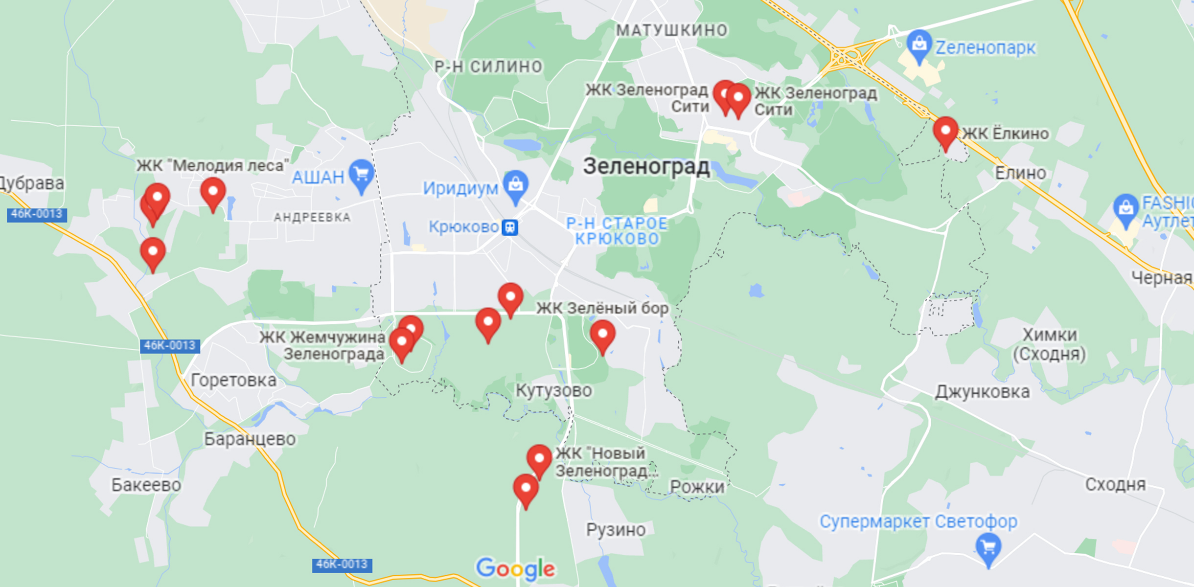 Новые ЖК на карте города. В целом они все похожи и состоят из типовых новостроек, я бы отнесла их к экономклассу. Источник: google.ru