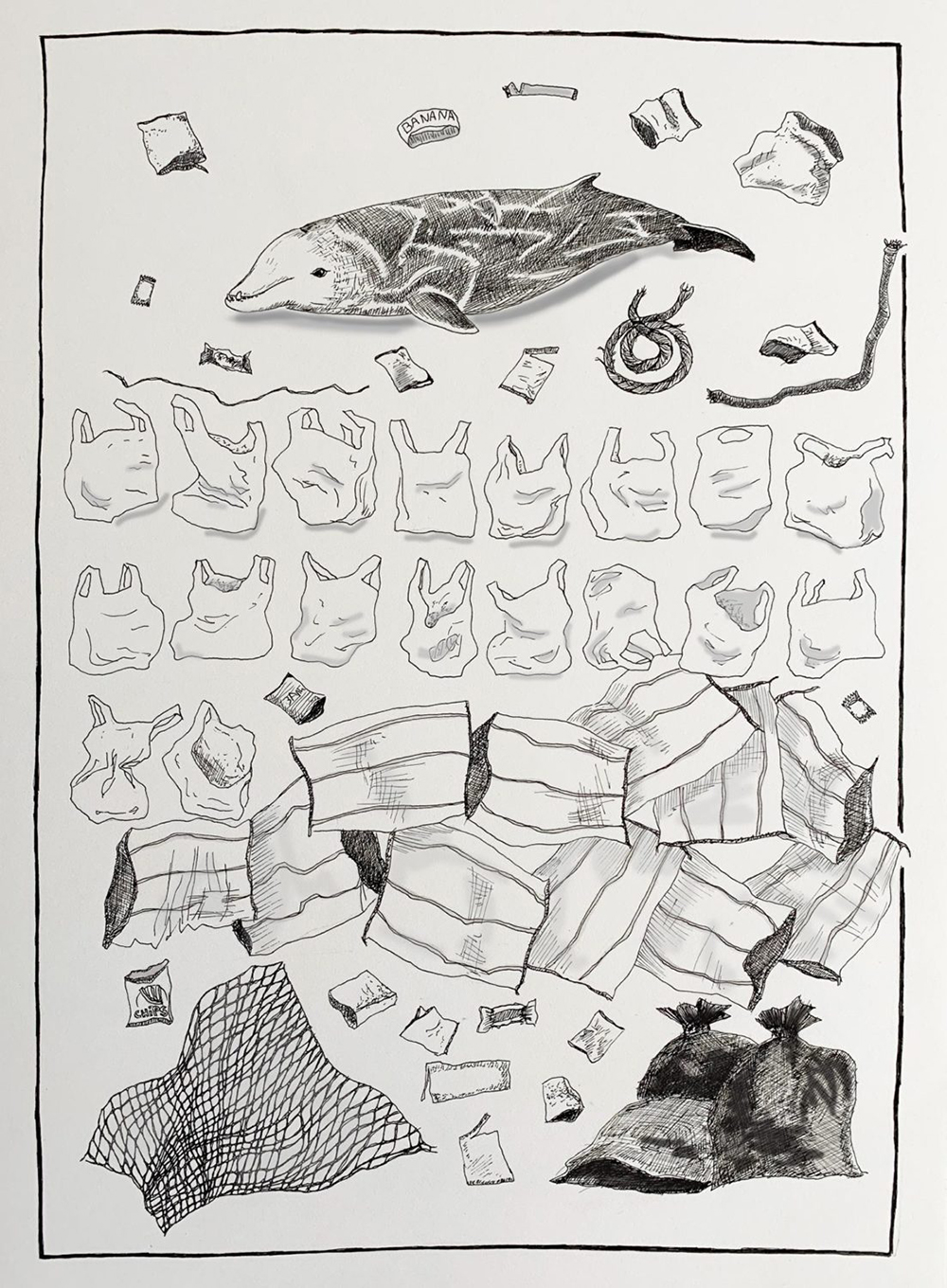 Погибший на Филиппинах кит⁠-⁠клюворыл и пластиковые предметы, найденные в его желудке: 18 пакетов-маек, 14 мешков для риса, 8 банановых мешков, две веревки, 17 оберток, упаковка от чипсов, 6 мешков для мусора, сеть, нейлоновая упаковочная веревка. Источник: «Гринпис»