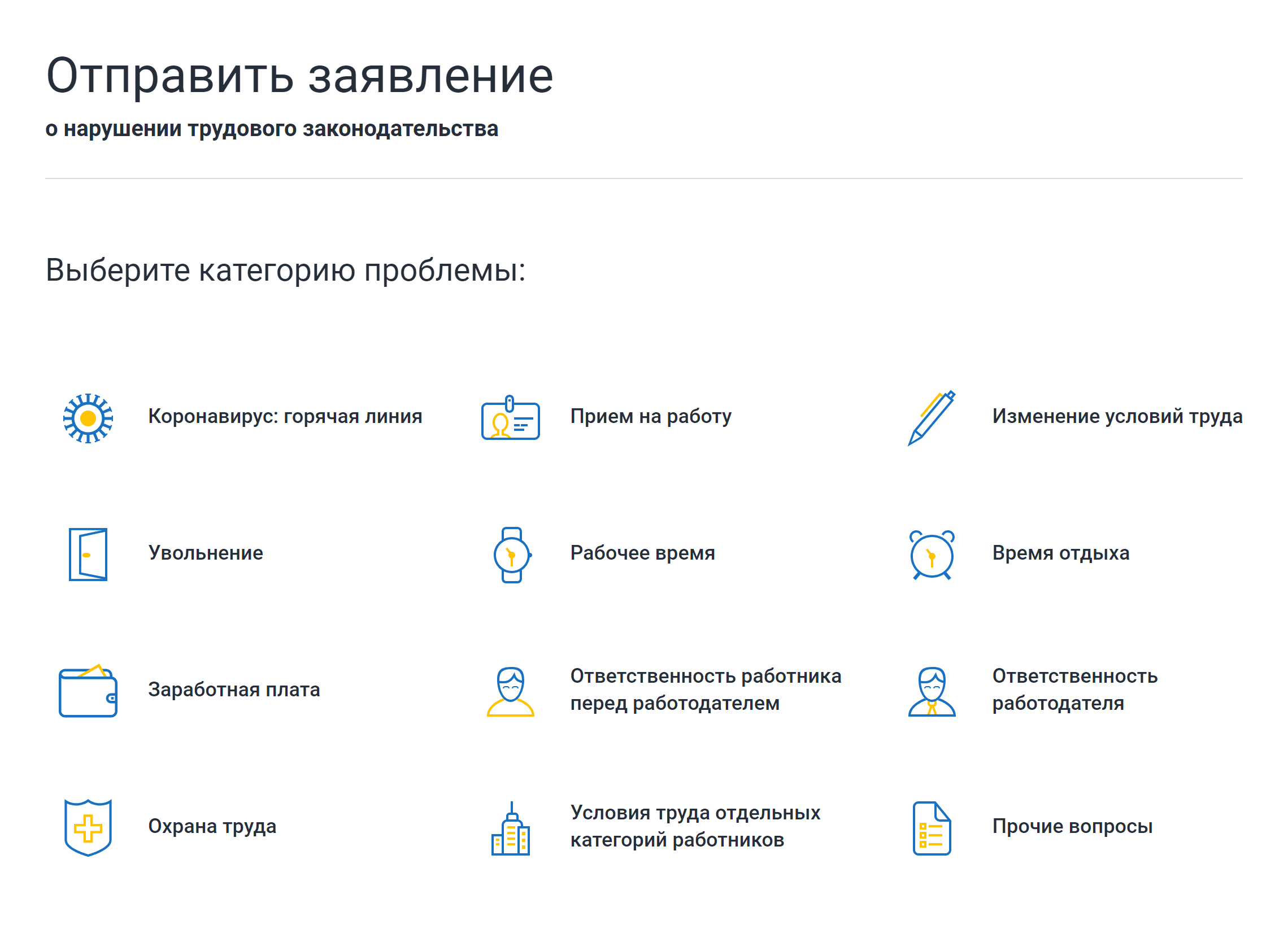 Категории проблем, о которых можно заявить трудовой инспекции. Источник: онлайнинспекция.рф