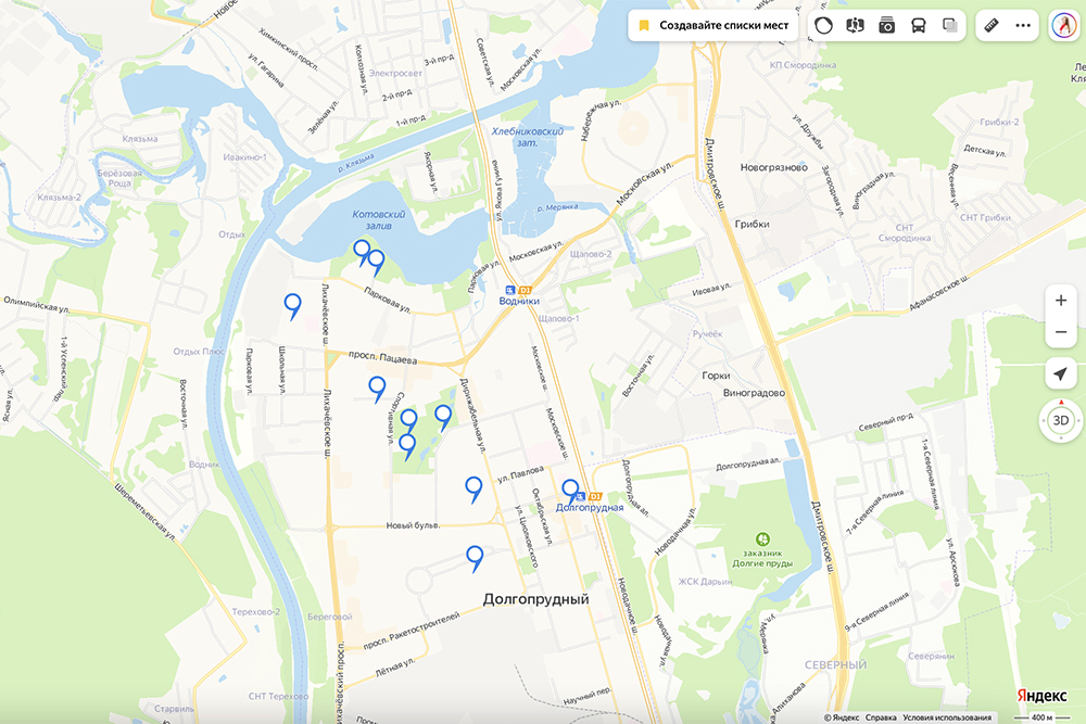 Карта экопунктов в Долгопрудном. Источник: «Яндекс-карты»