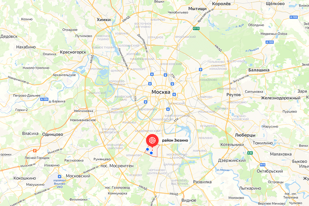Район Зюзино расположен на юге Москвы. Источник: «Яндекс-карты»