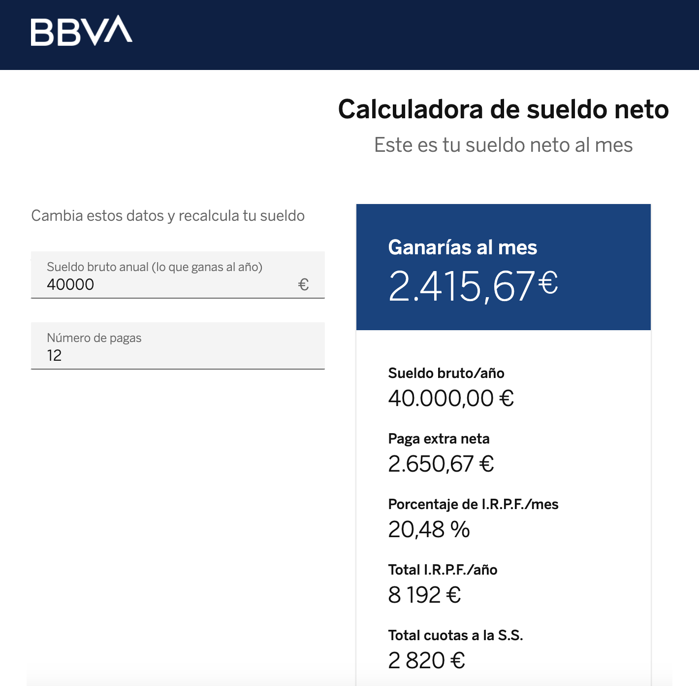 При годовой зарплате 40 000 € (3 205 600 ₽) одинокий бездетный человек заплатит за год 8194 € (656 667 ₽) налога. Источник: web.bbva.es