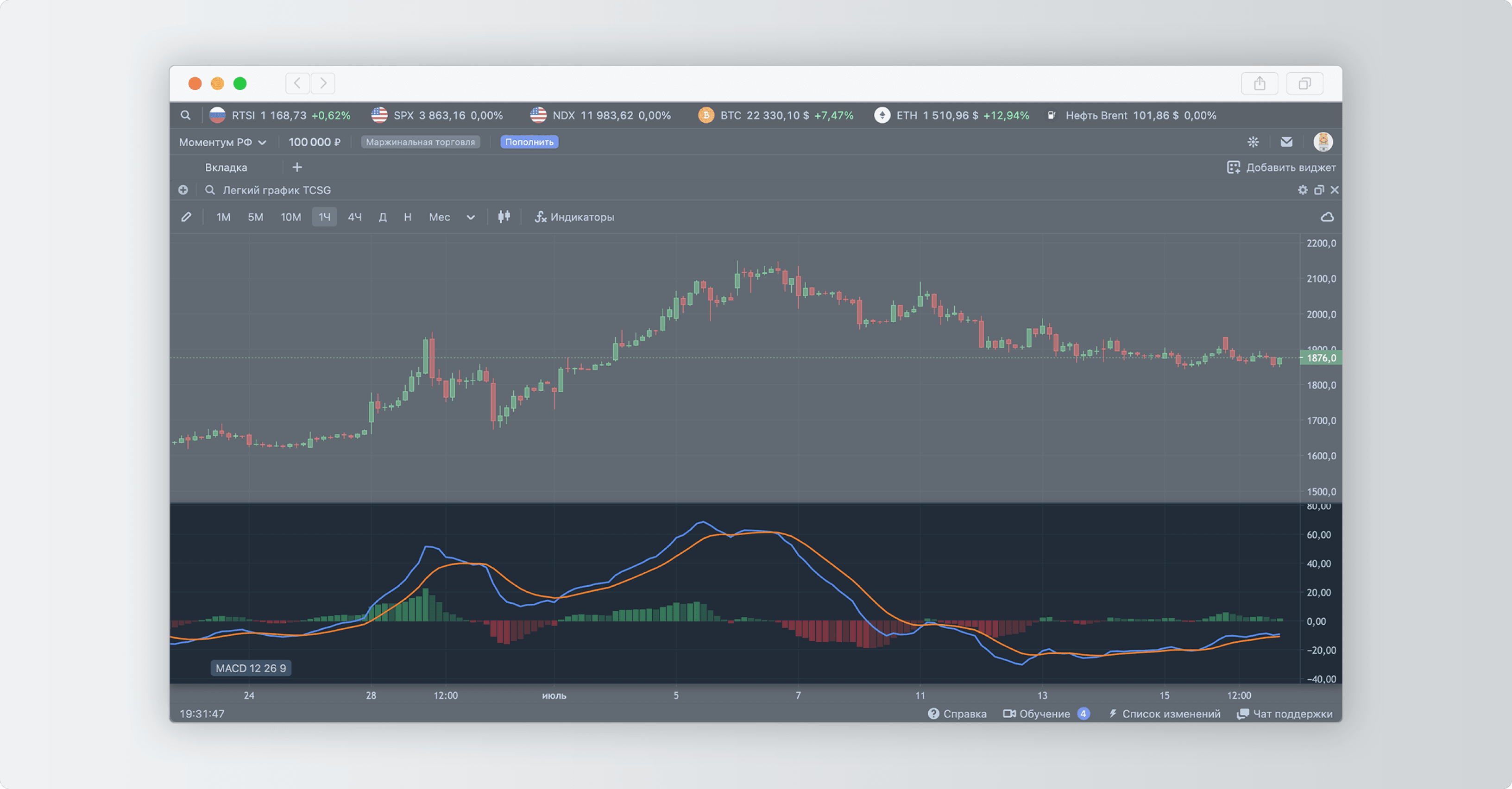 Как в терминале Тинькофф Инвестиций работать с графиком